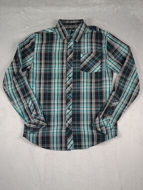 Zoo York Black, Turquoise, & Gray Plaid Long Sleeve Button Up Shirt Size Medium